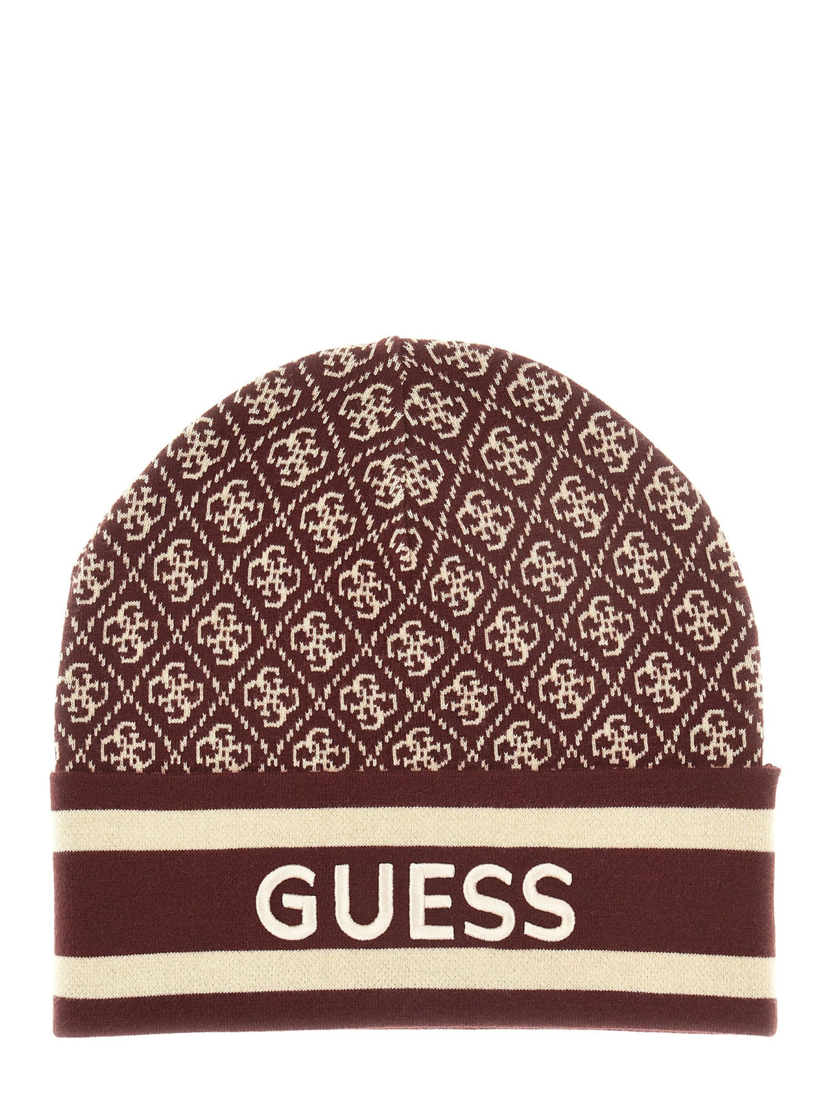 Cappello logato in maglia Guess, bordeaux, su fondo bianco, vista frontale
