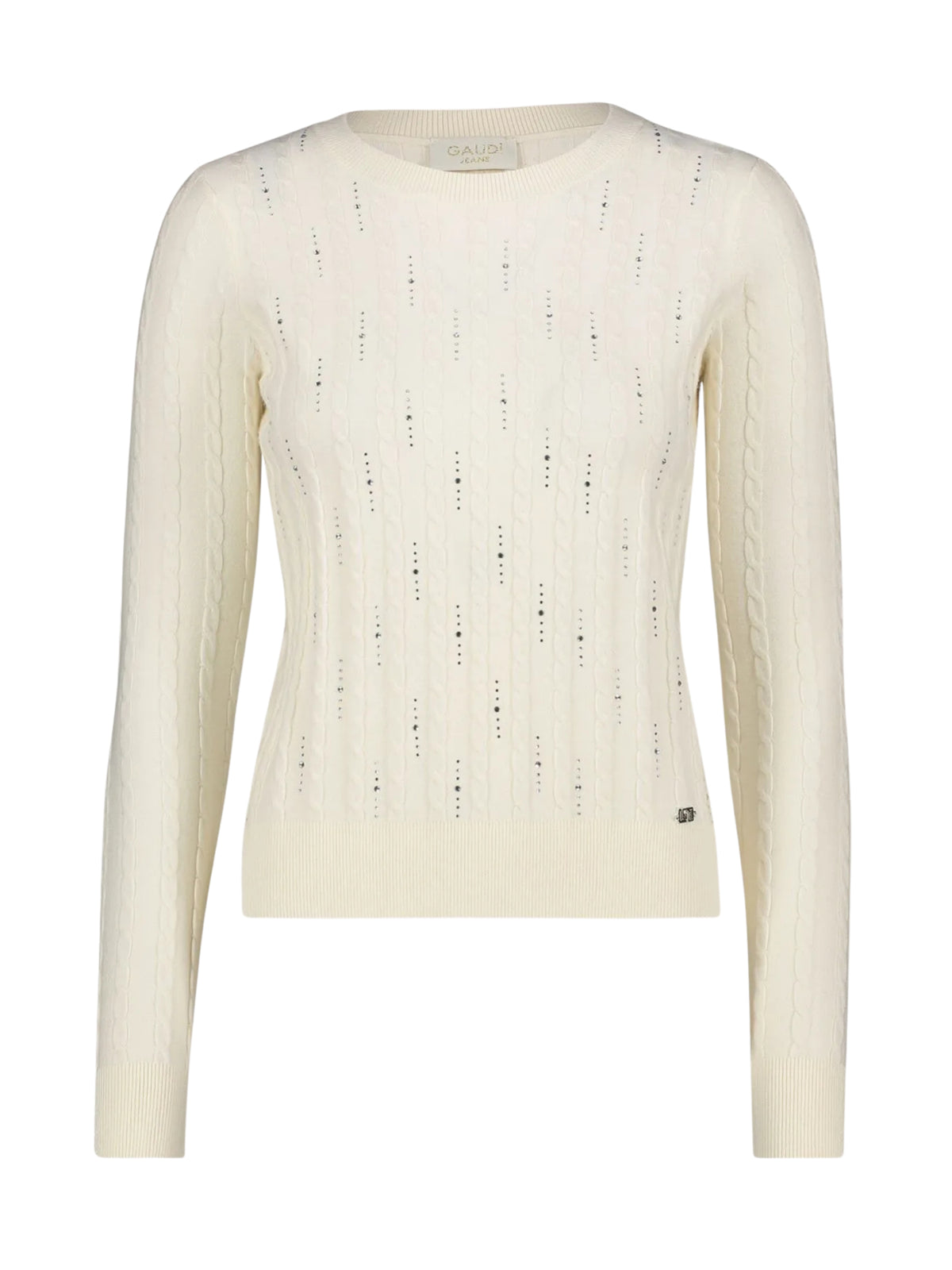 Maglioncino girocollo con treccine Gaudì Jeans, panna, su fondo bianco, vista frontale