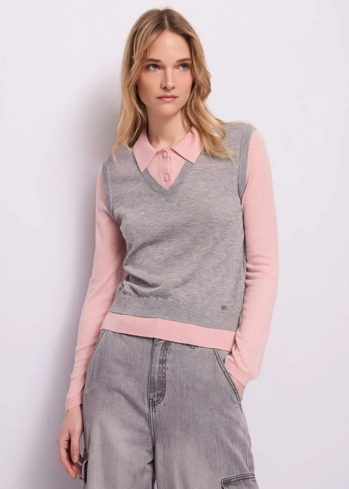 Polo effetto layering misto lana Gaudi Jeans, grigio, indossata, vista frontale