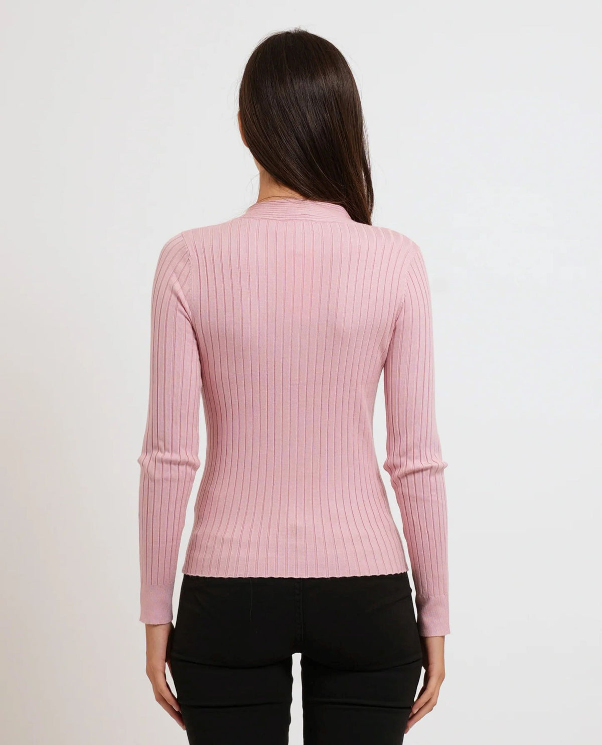 Maglioncino a costine con scollo a V Gaudì Jeans, rosa, indossato, vista posteriore
