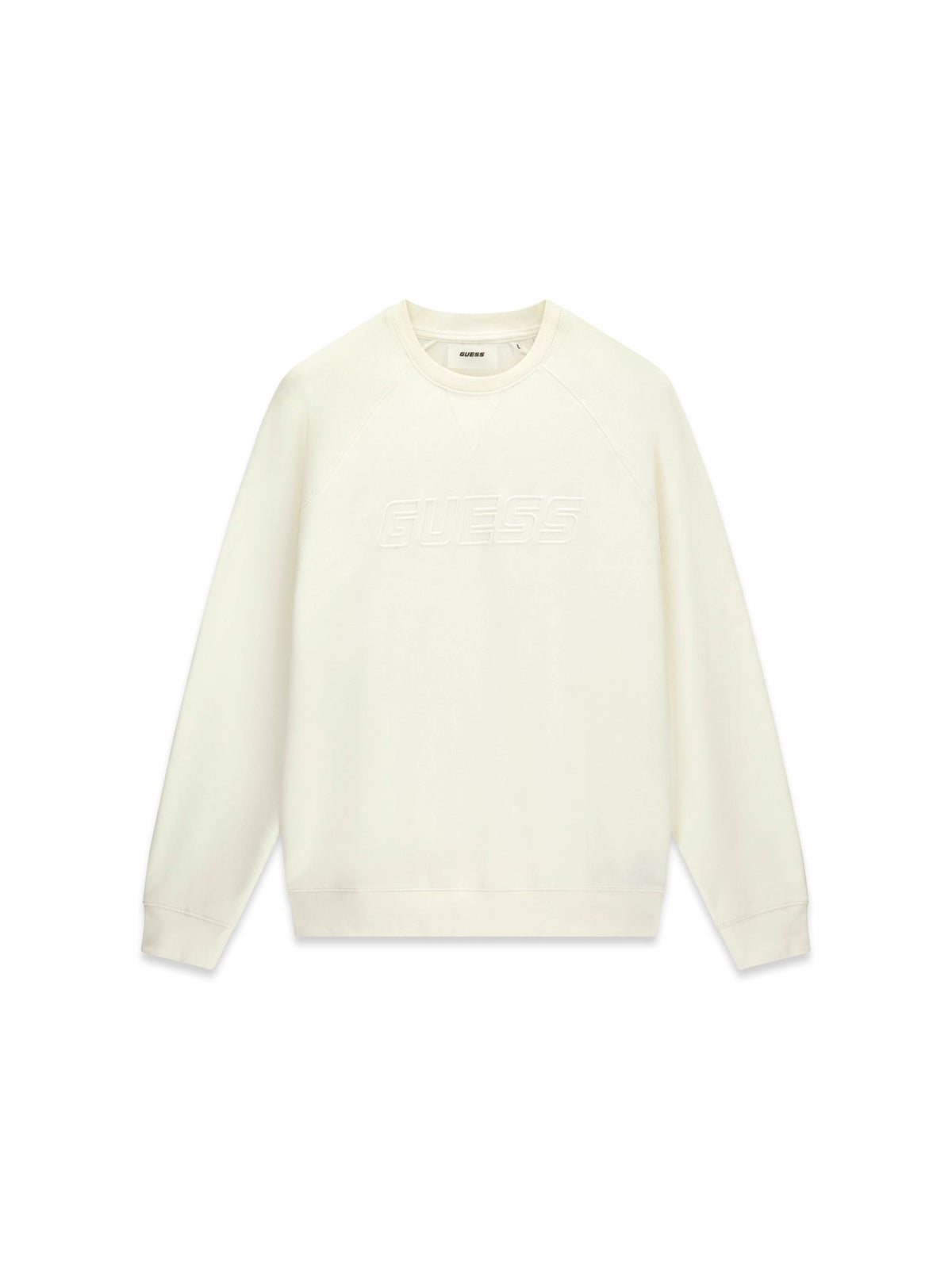 Maglia girocollo con scritta in rilievo Guess, bianco, su fondo bianco, vista frontale