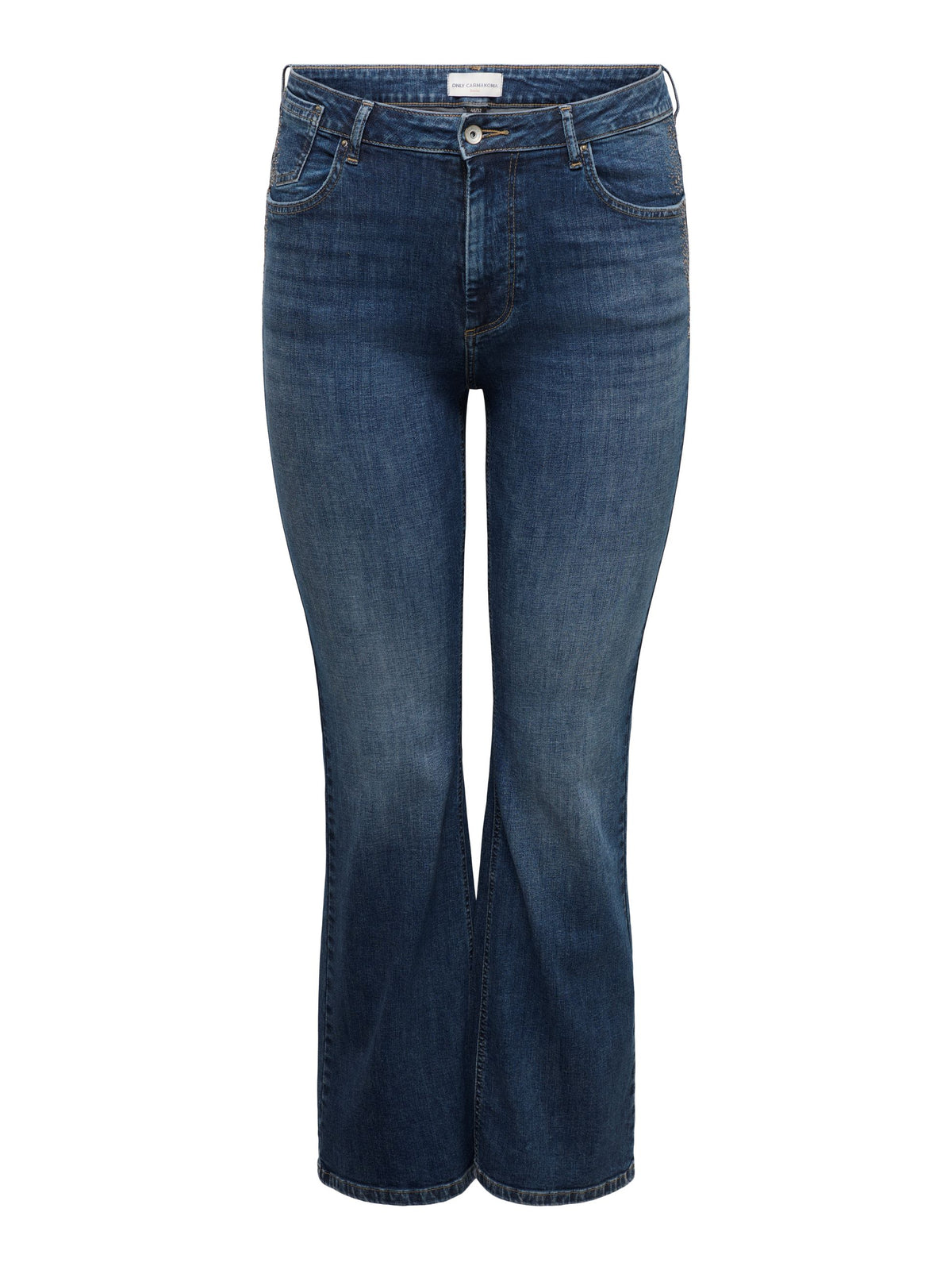 Jeans a zampa blu denim Only Carmakoma, su fondo bianco, vista frontale