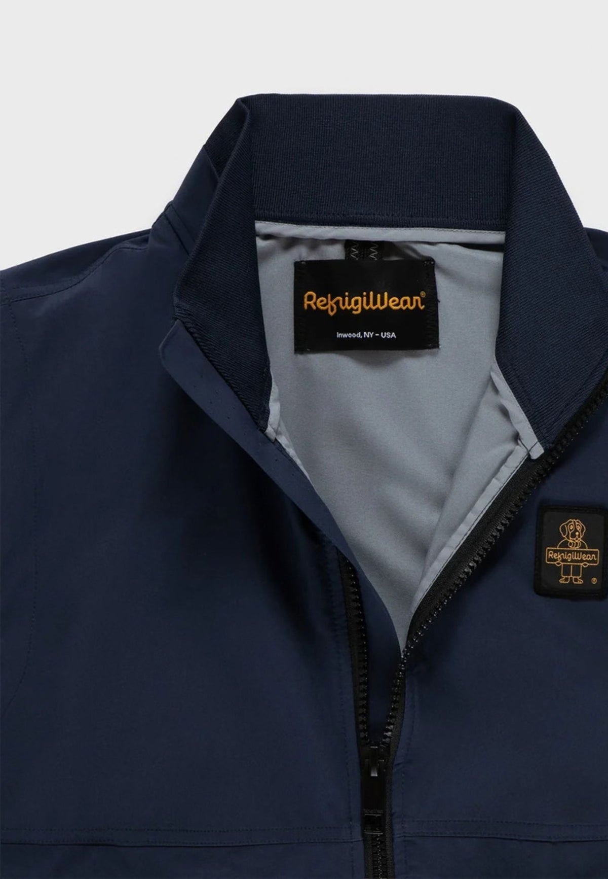 Smanicato con collo alto e zip Refrigiwear, blu, dettaglio del collo interno