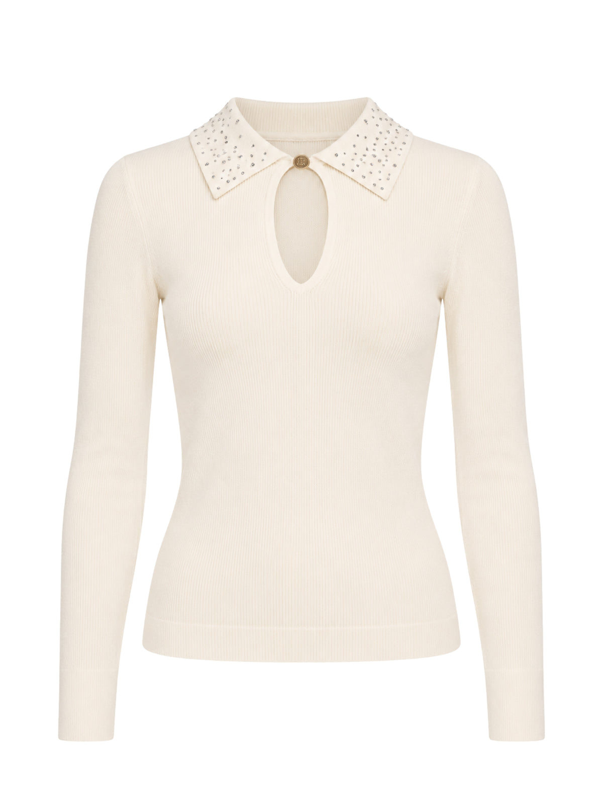 Maglia con colletto polo di strass Gaudì Jeans, panna, su fondo bianco, vista frontale