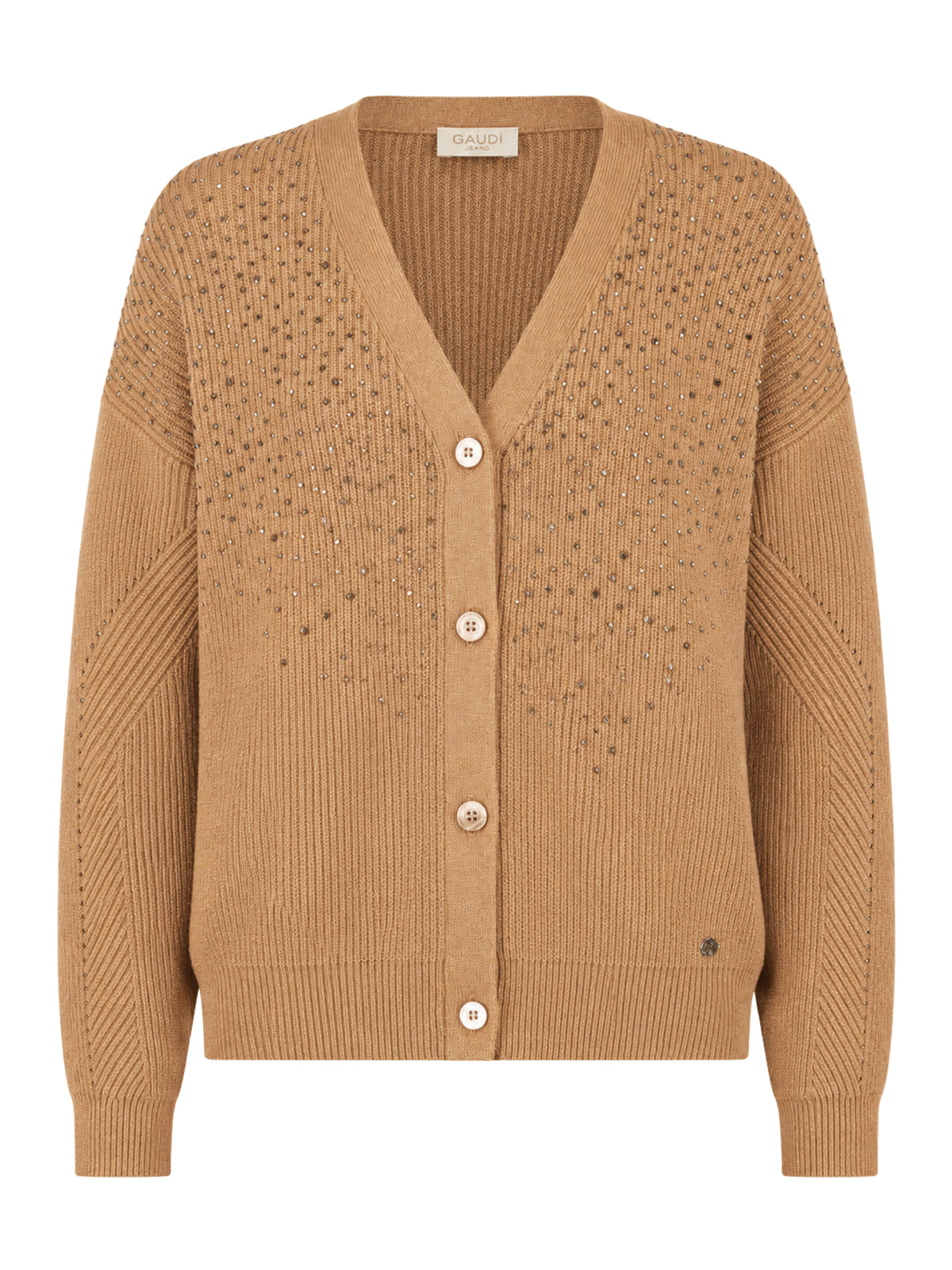 Cardigan scollo a V con strass Gaudi Jeans, cammello, frontale su fondo bianco