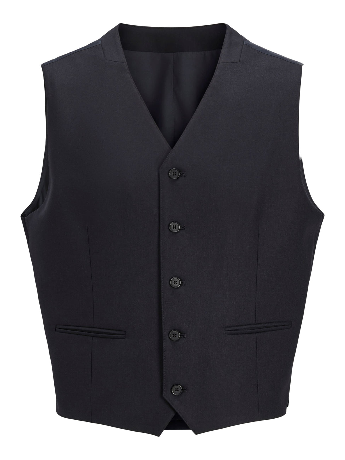 Panciotto blu scuro con scollo a V Jack&Jones, su fondo bianco, vista frontale