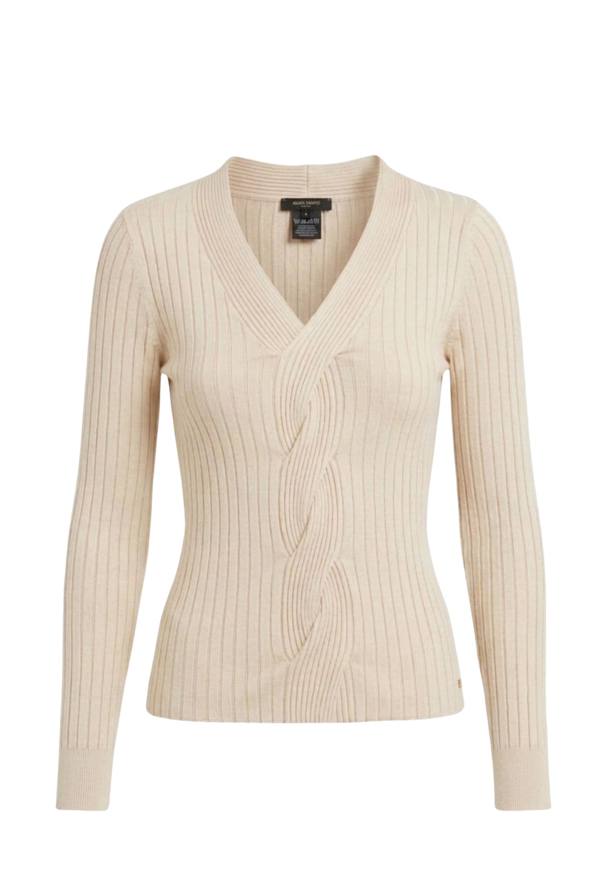 Maglioncino a costine con scollo a V Gaudì Jeans, ecru, su fondo bianco, vista frontale