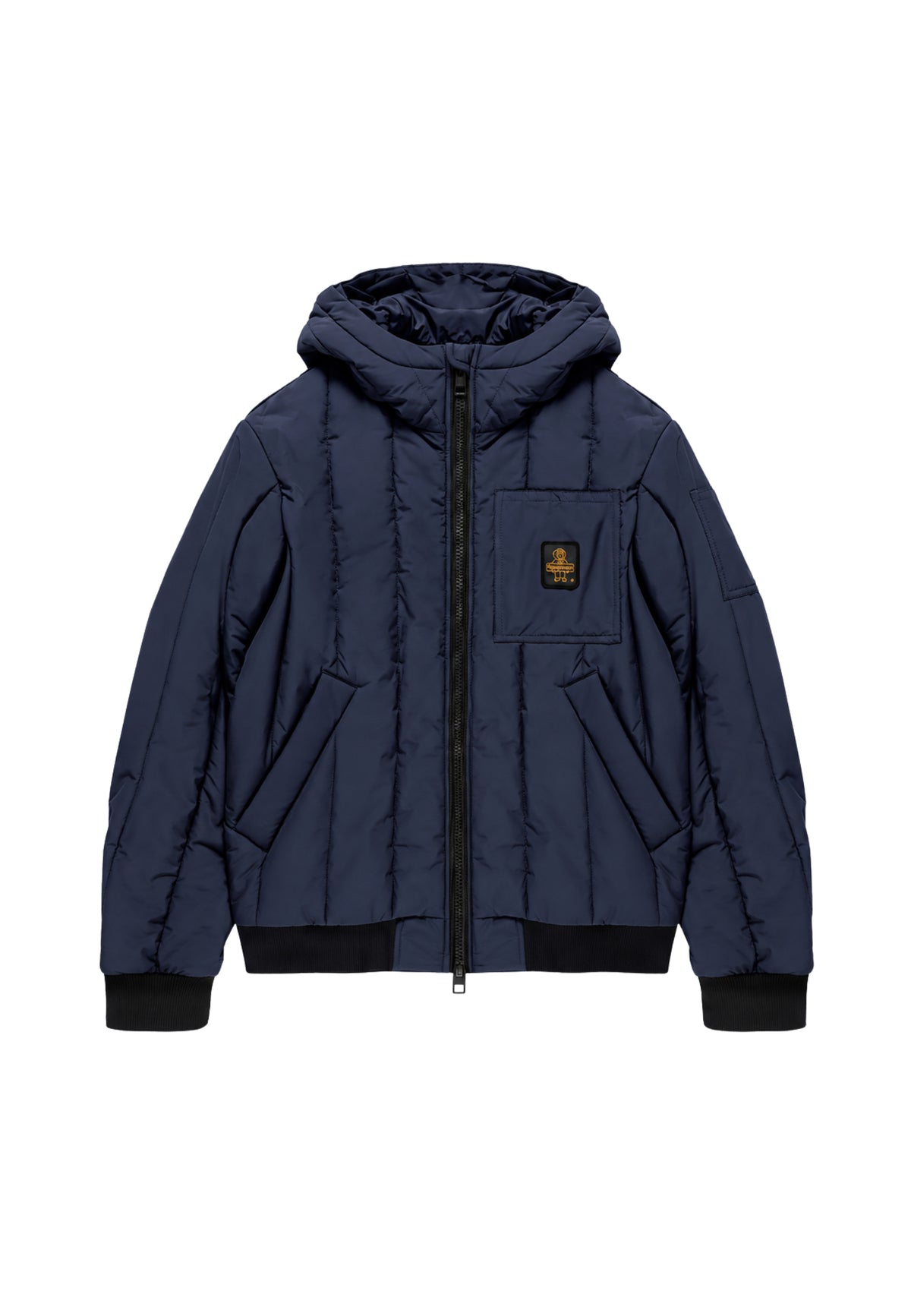 Giubbotto trapuntato con cappuccio Refrigiwear, blu scuro, su fondo chiaro, vista frontale