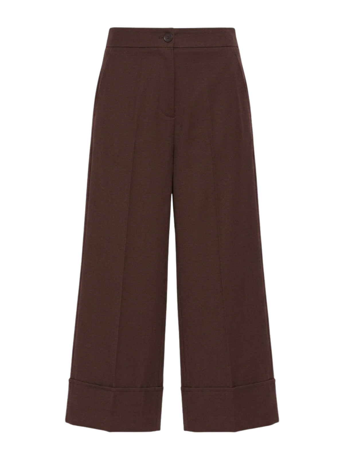 Pantaloni cropped cioccolato in viscosa Gaudi Jeans, frontali su fondo bianco