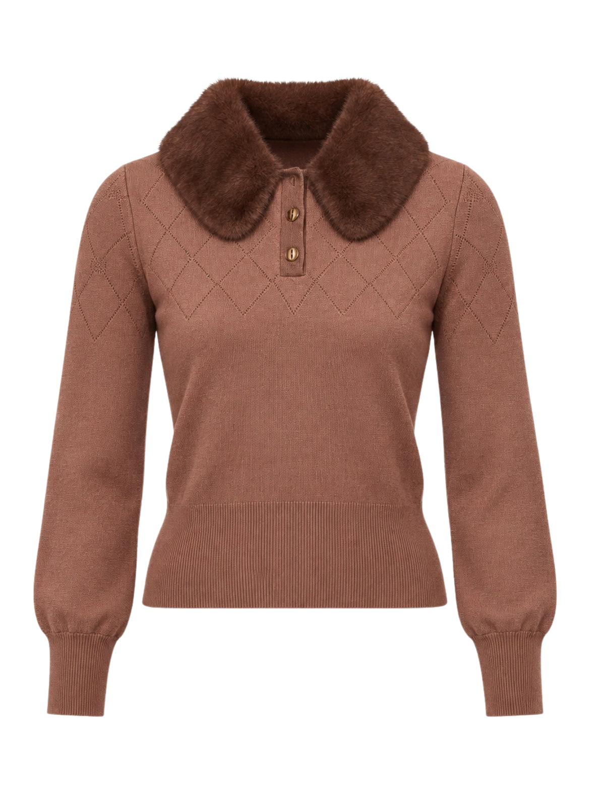 Polo lurex cioccolato con colletto di pelliccia Gaudi Jeans, frontale su fondo bianco