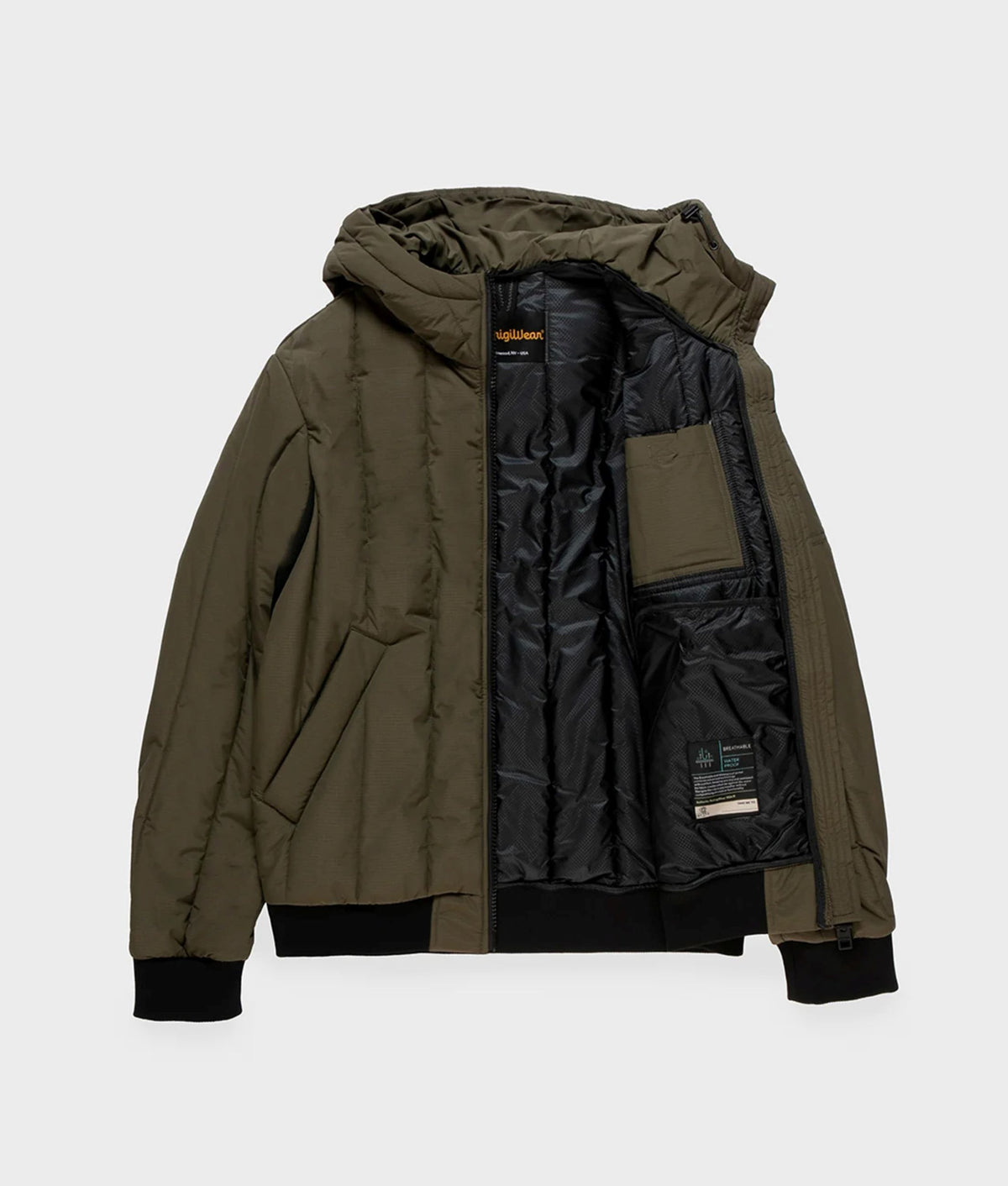 Giubbotto trapuntato con cappuccio Refrigiwear, verde militare, giubbotto aperto, interno visibile