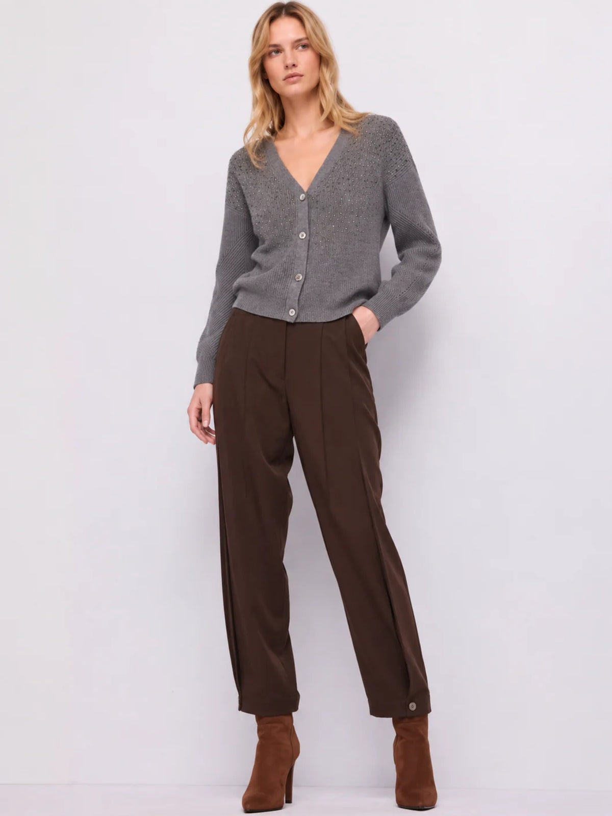 Cardigan scollo a V con strass, cammello e grigio