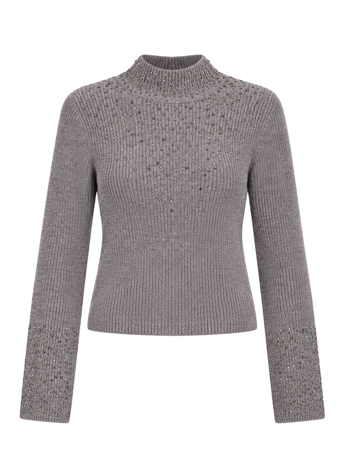 Lupetto a coste in misto viscosa con strass Gaudi Jeans, grigio, su fondo bianco