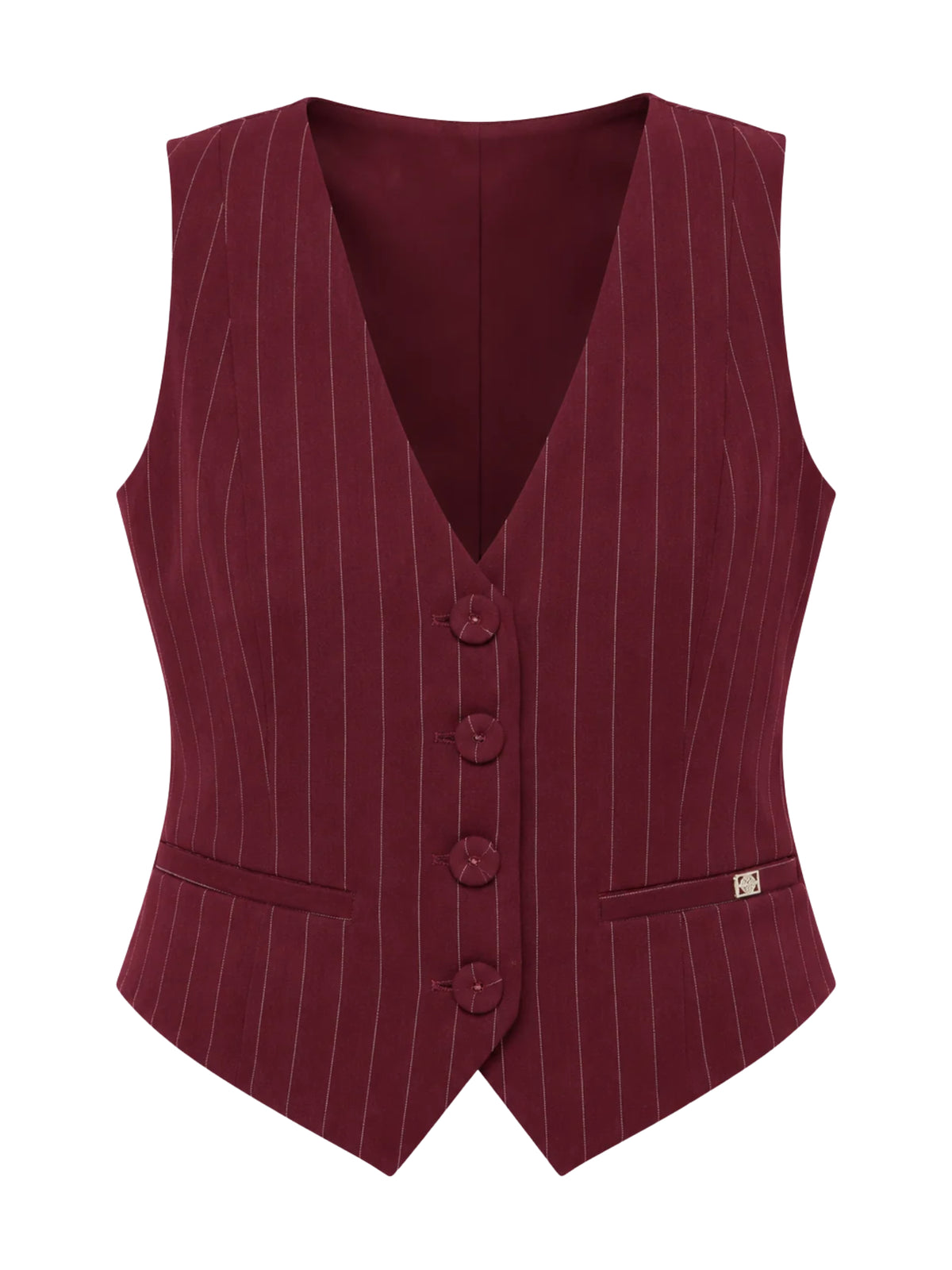 Gilet gessato scollo a V con bottoni Gaudi Jeans, bordeaux, frontale su fondo bianco