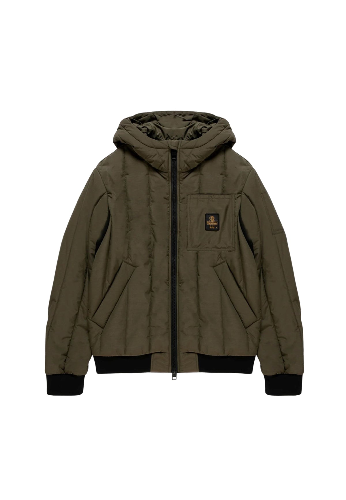 Giubbotto trapuntato con cappuccio Refrigiwear, verde militare, su fondo bianco, vista frontale