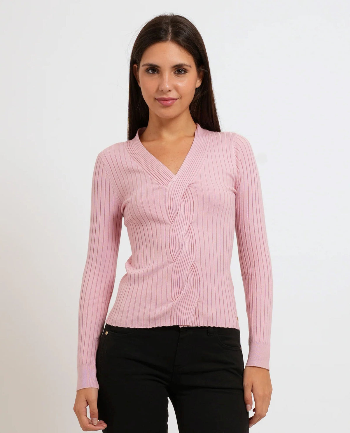 Maglioncino a costine con scollo a V Gaudì Jeans, rosa, indossato, vista frontale