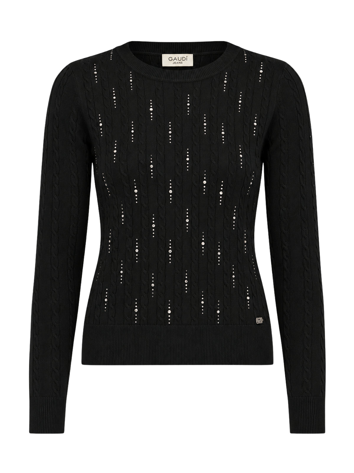 Maglioncino girocollo con treccine Gaudì Jeans, nero, su fondo bianco, vista frontale