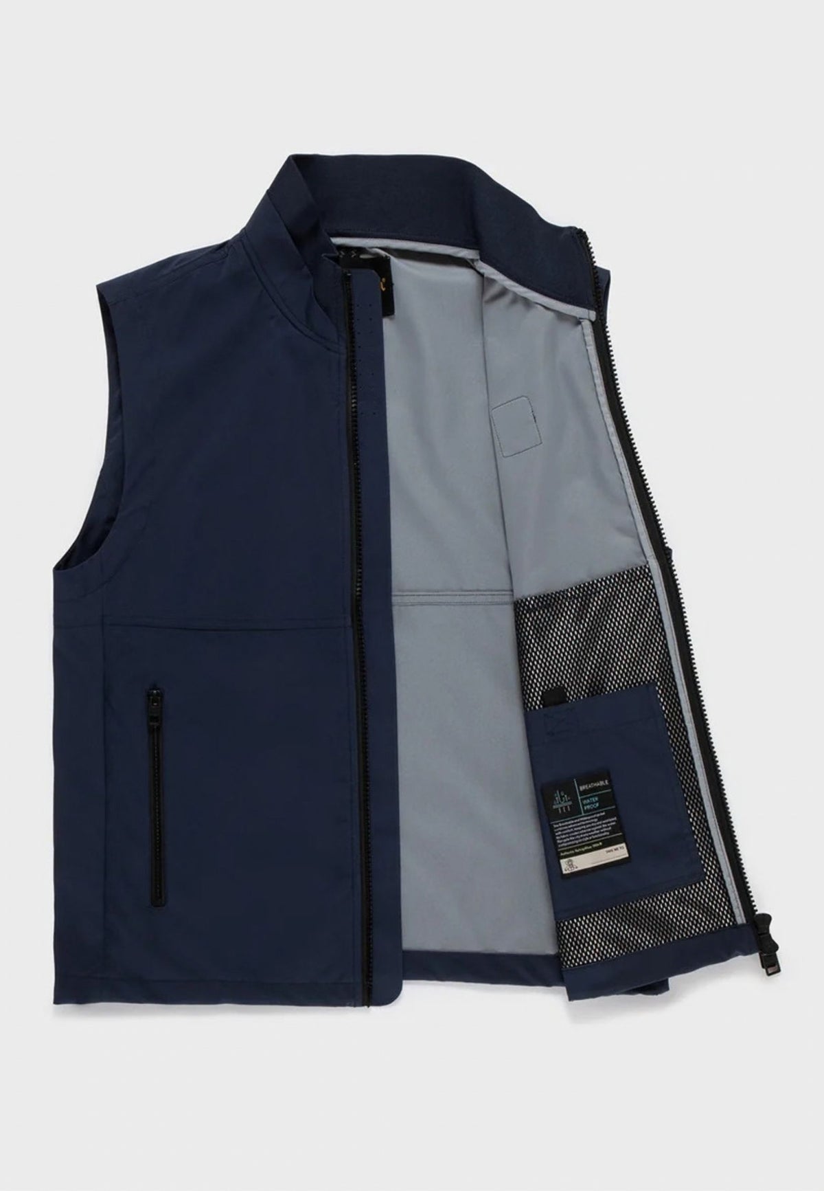 Smanicato con collo alto e zip Refrigiwear, blu, su fondo bianco, aperto, interno
