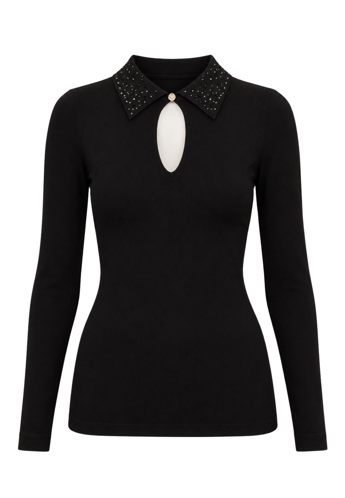 Maglia con colletto polo di strass Gaudì Jeans, nero, su fondo bianco, vista frontale