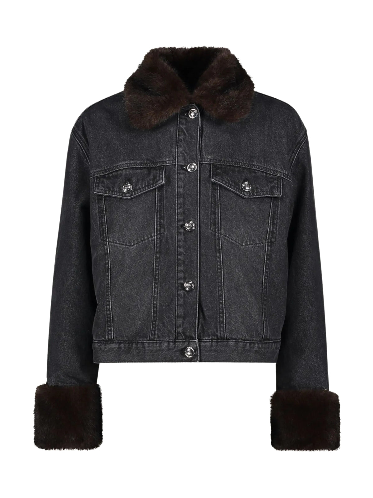 Giacca di jeans grigio scuro pelliccia sintetica Gaudi Jeans, frontale su fondo bianco