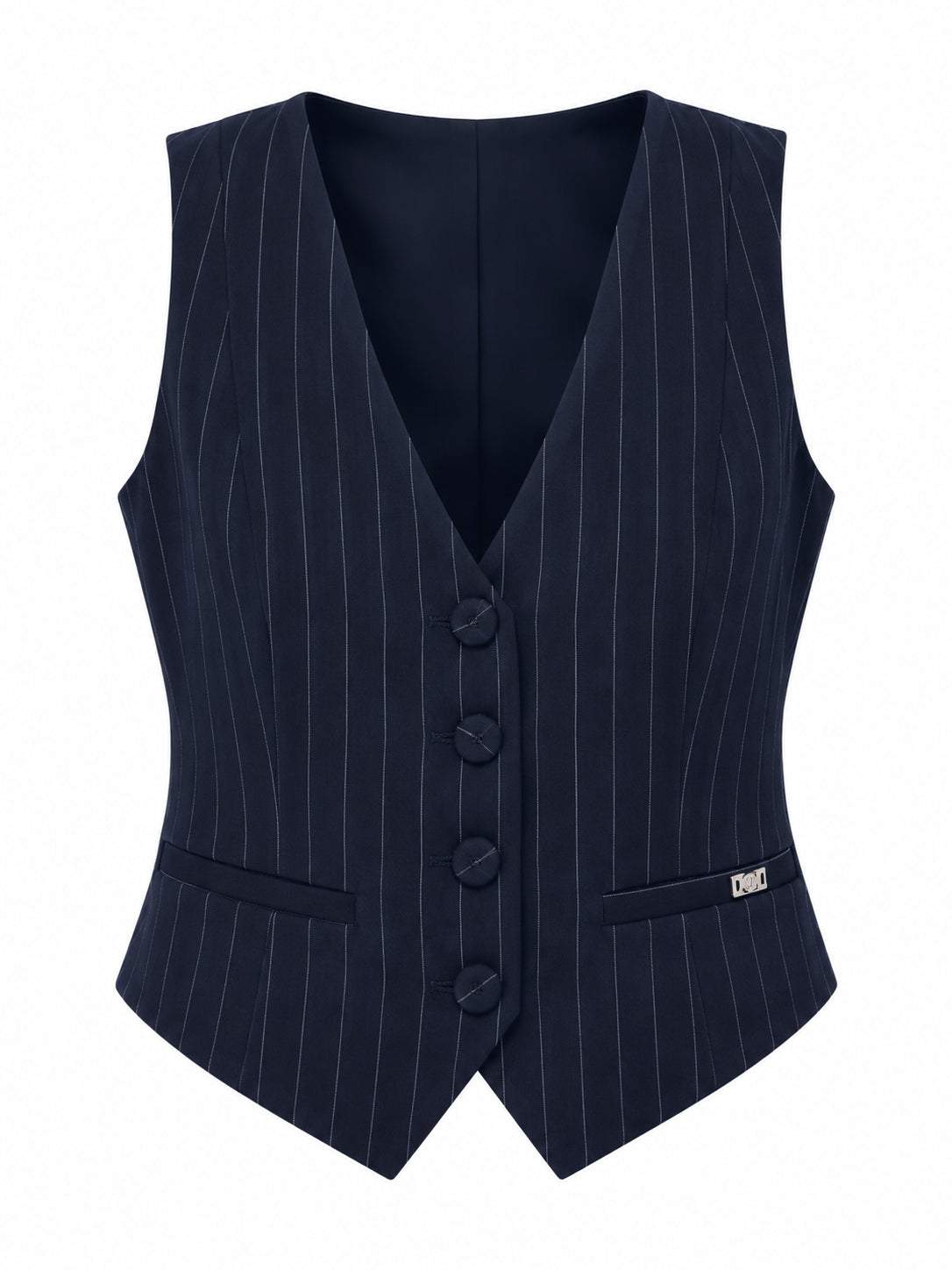 Gilet gessato scollo a V con bottoni Gaudi Jeans, blu, frontale su fondo bianco