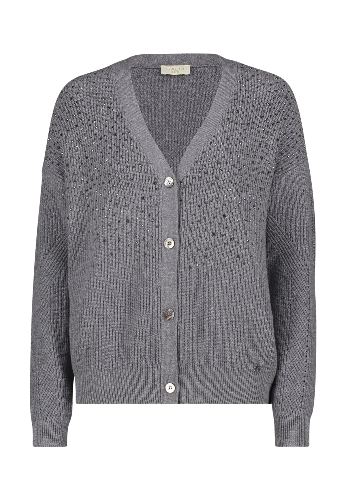 Cardigan scollo a V con strass Gaudi Jeans, grigio, frontale su fondo bianco