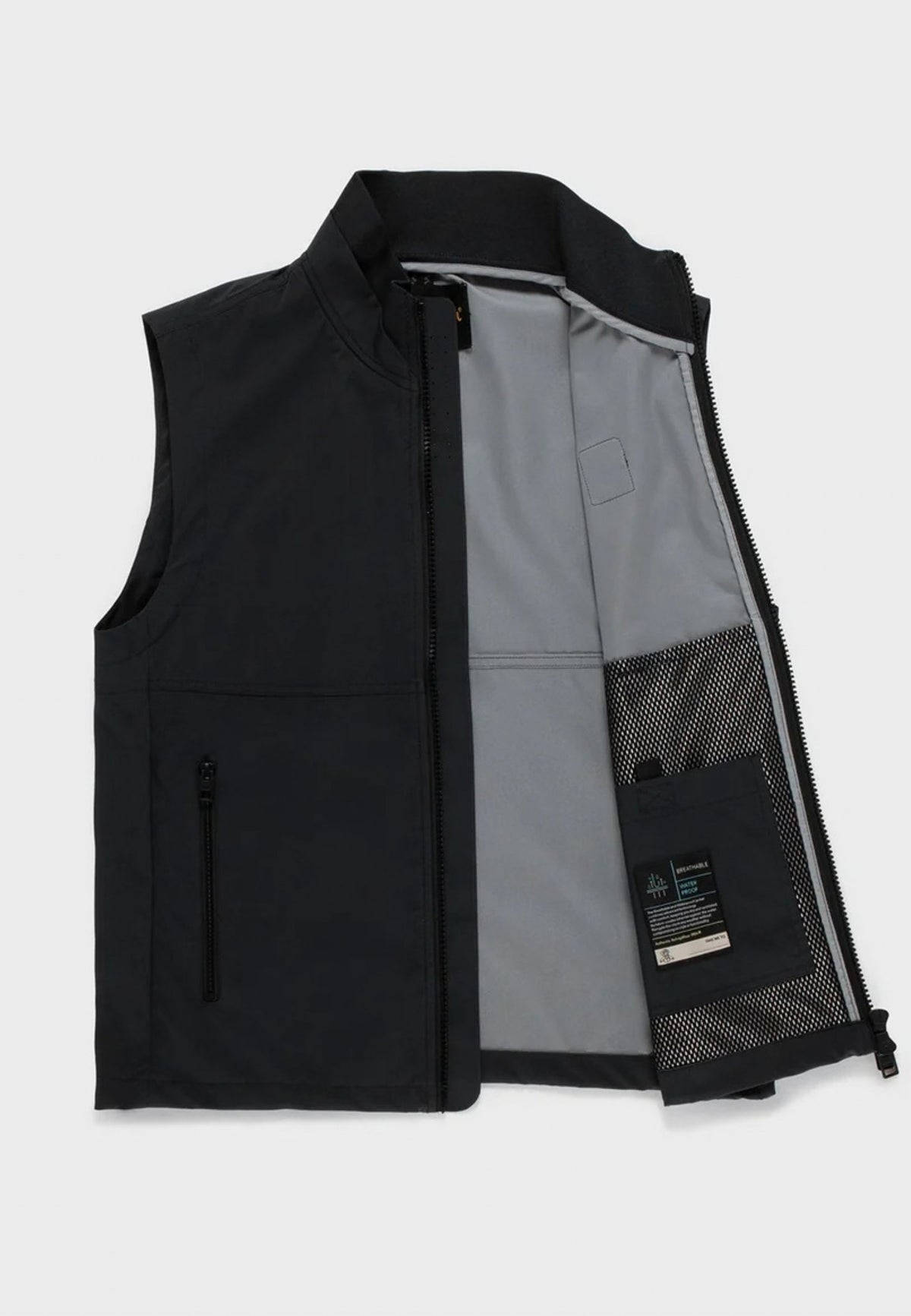 Smanicato con collo alto e zip Refrigiwear, nero, su fondo bianco, aperto, interno
