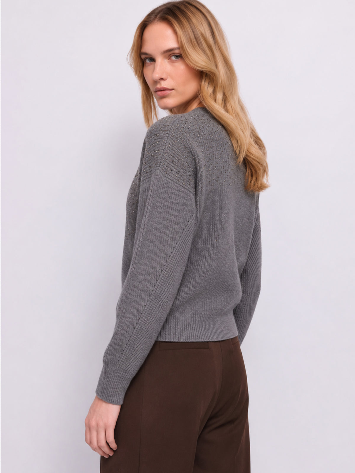 Cardigan scollo a V con strass Gaudi Jeans, grigio, indossato, vista posteriore