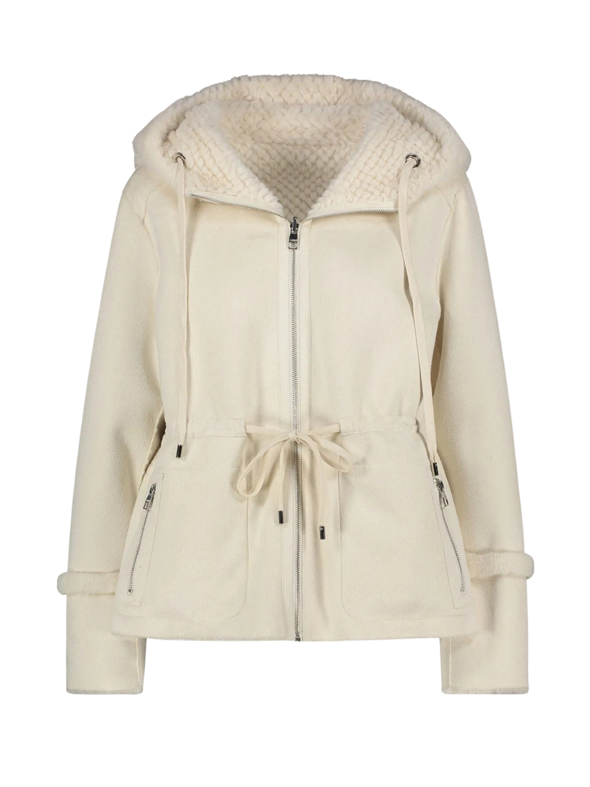 Giacca reversibile effetto montone con cappuccio Gaudi Jeans, panna, frontale su fondo bianco
