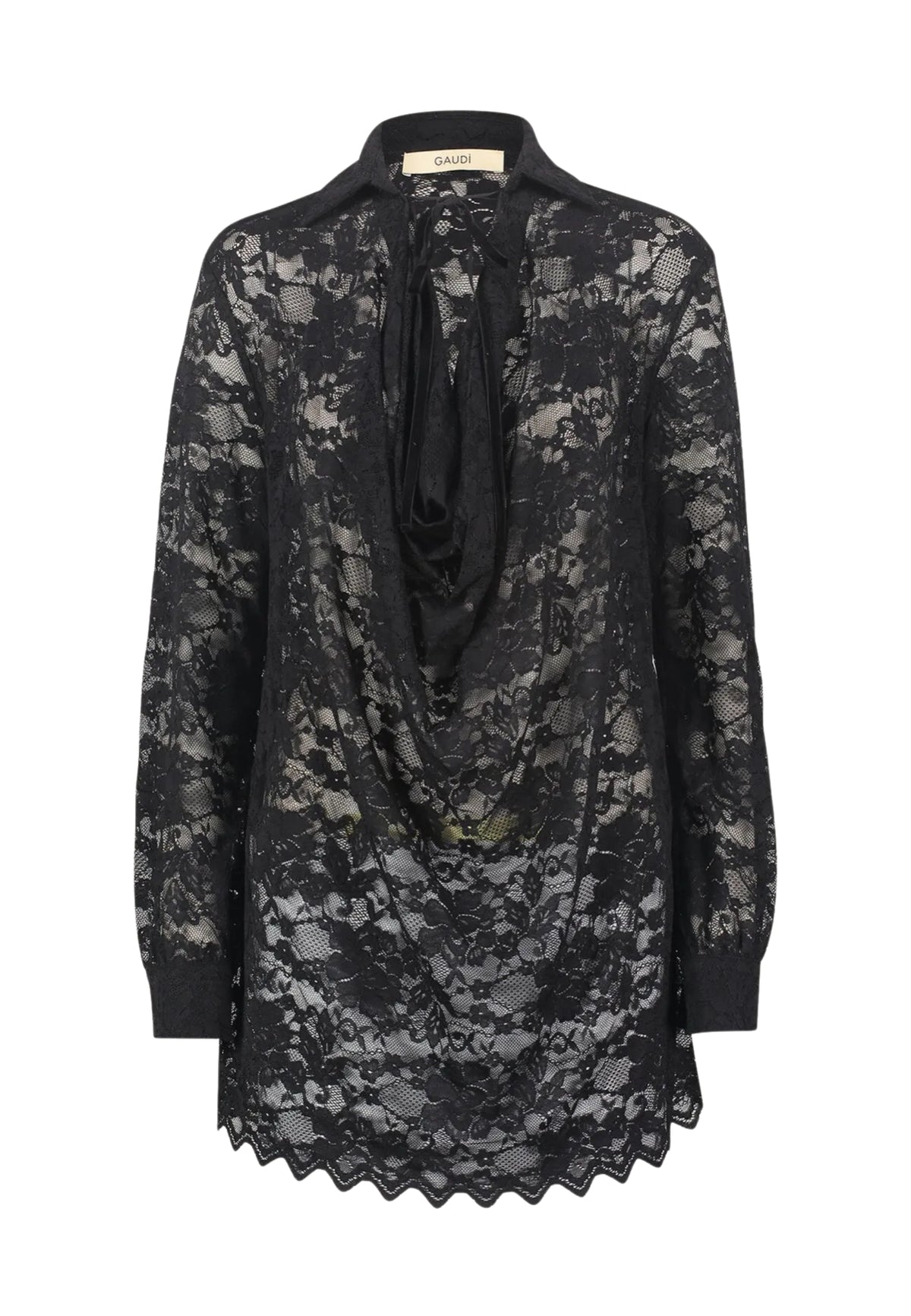 Camicia nera in pizzo Gaudi Jeans, su fondo bianco, vista frontale